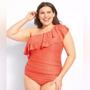 Swim by Cacique- Textured Dot One-Shoulder Ruffle Swim One Piece, Size 22